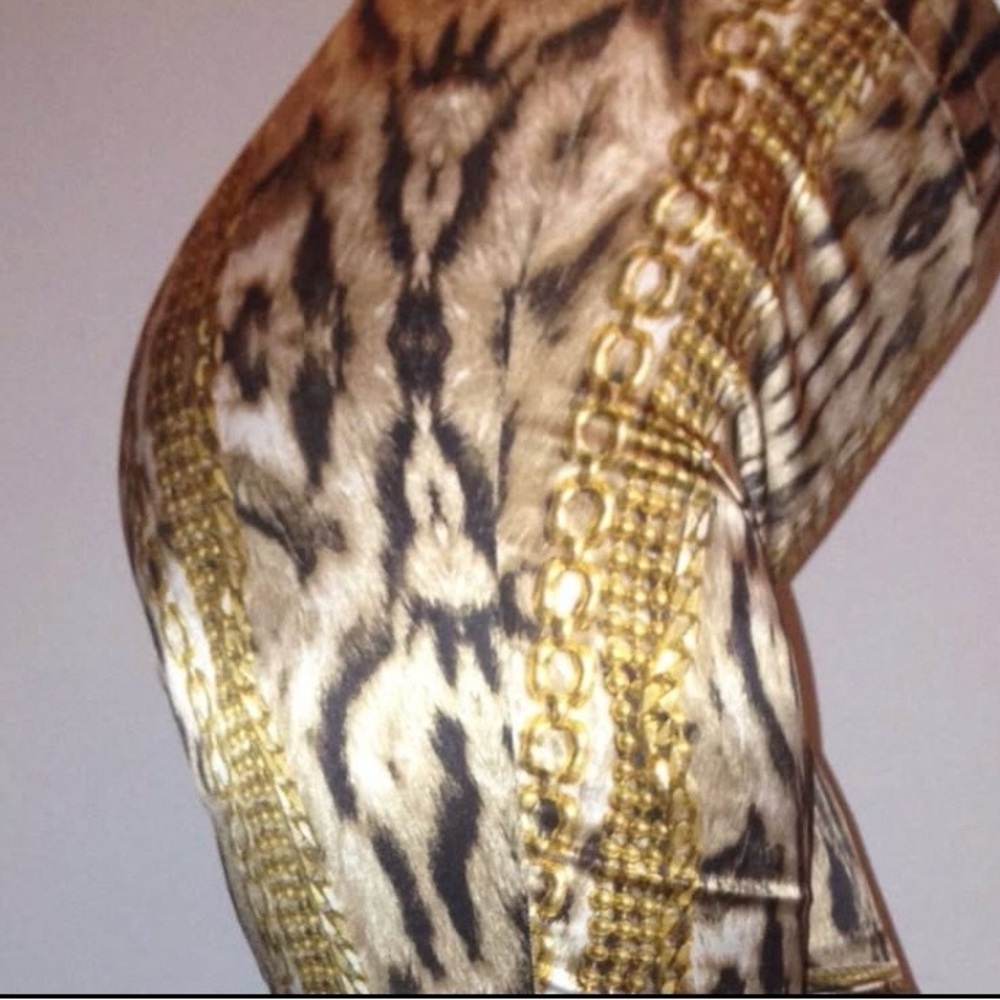Roberto Cavalli Leopard and Gold Chains Flared Leg Silk Stretch Pants - Picture 11 of 13